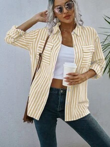 SHEIN Essnce 條紋印花翻蓋口袋落肩袖襯衫 - 杏色 - 查看 5