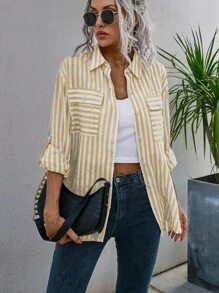 SHEIN Essnce 條紋印花翻蓋口袋落肩袖襯衫 - 杏色 - 查看 6