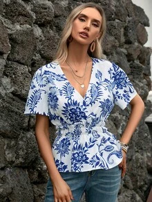 SHEIN VCAY 印花交疊領蝴蝶袖荷葉邊下擺襯衫 - 藍白色 - 查看 6