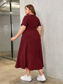 Mulvari Burgundy Red Plus Button Front A-Line Dress - Burgundy - View 2