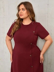 Mulvari Burgundy Red Plus Button Front A-Line Dress - Burgundy - View 3