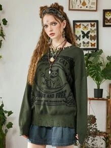 ROMWE Fairycore Mặt trăng & Hình con mèo Áo len Distressed - xanh quân đội - Xem 2