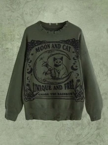 ROMWE Fairycore Mặt trăng & Hình con mèo Áo len Distressed - xanh quân đội - Xem 1