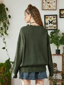 ROMWE Fairycore Mặt trăng & Hình con mèo Áo len Distressed - xanh quân đội - Xem 3