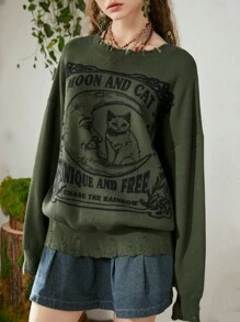 ROMWE Fairycore Mặt trăng & Hình con mèo Áo len Distressed - xanh quân đội - Xem 6