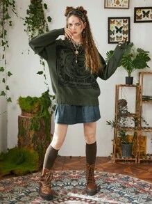 ROMWE Fairycore Mặt trăng & Hình con mèo Áo len Distressed - xanh quân đội - Xem 7