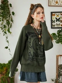 ROMWE Fairycore Mặt trăng & Hình con mèo Áo len Distressed - xanh quân đội - Xem 8