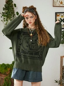 ROMWE Fairycore Mặt trăng & Hình con mèo Áo len Distressed - xanh quân đội - Xem 9