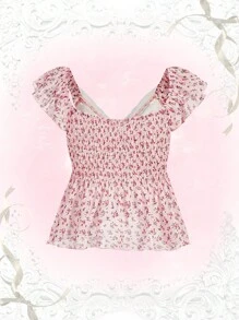 ROMWE Kawaii 碎花蕾絲拼接荷葉邊下擺襯衫 - 彩色 - 查看 2