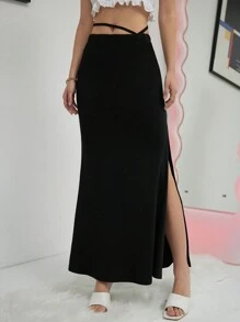 SHEIN Privé Solid Split Thigh Skirt - Black - View 3