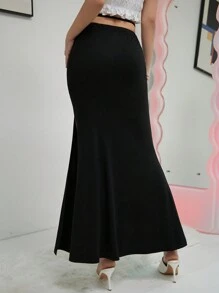 SHEIN Privé Solid Split Thigh Skirt - Black - View 4