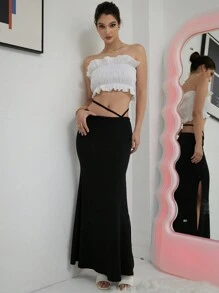 SHEIN Privé Solid Split Thigh Skirt - Black - View 6