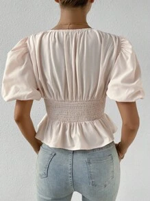 SHEIN Privé 深V領泡泡袖荷葉邊下擺襯衫 - 杏色 - 查看 2