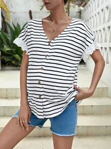 SHEIN 孕婦條紋印花前紐扣T恤 - 黑與白 - 查看 5