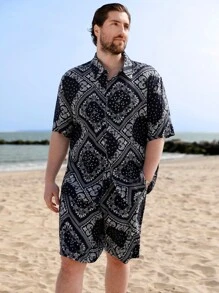 Manfinity LEGND 男士大码佩斯利絲巾圖案襯衫和短褲 - 黑色 - 查看 3