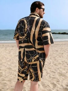Manfinity AFTRDRK Hombres talla grande Camisa con estampado de cadena & Shorts - Negro - Ver 2