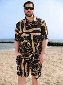 Manfinity AFTRDRK Hombres talla grande Camisa con estampado de cadena & Shorts - Negro - Ver 3