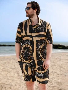 Manfinity AFTRDRK Hombres talla grande Camisa con estampado de cadena & Shorts - Negro - Ver 5