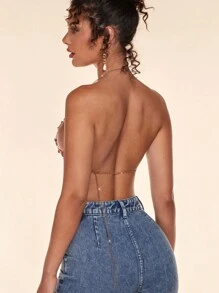 SHEIN BAE Sequin Decor Chain Strap Backless Crop Halter Top - Hot Pink - View 2