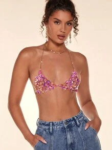 SHEIN BAE Sequin Decor Chain Strap Backless Crop Halter Top - Hot Pink - View 1