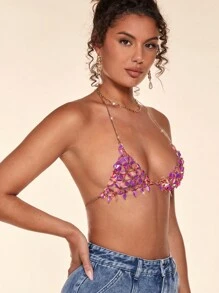 SHEIN BAE Sequin Decor Chain Strap Backless Crop Halter Top - Hot Pink - View 4