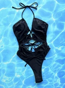 Swim SXY 鏤空十字交叉前繫帶吊脖連體泳衣 - 黑色 - 查看 3