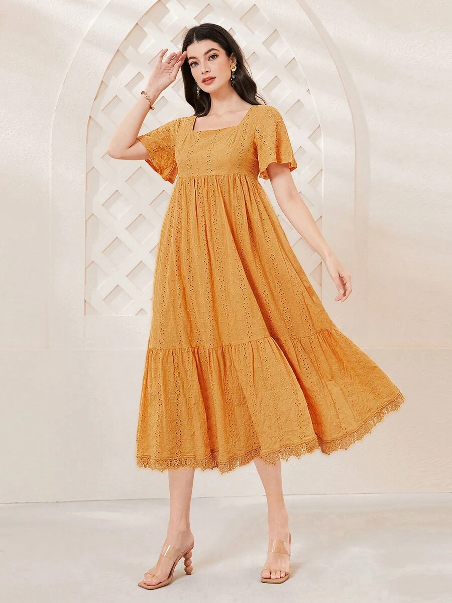 Mulvari Vestido de cuello cuadrado ribete con encaje bajo con fruncido - Amarillo - Ver 1