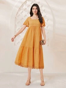 Mulvari Vestido de cuello cuadrado ribete con encaje bajo con fruncido - Amarillo - Ver 3