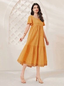 Mulvari Vestido de cuello cuadrado ribete con encaje bajo con fruncido - Amarillo - Ver 4