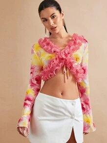 SHEIN BAE 滿身花卉荷葉邊荷葉袖短款上衣 - 彩色 - 查看 3