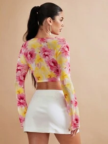 SHEIN BAE 滿身花卉荷葉邊荷葉袖短款上衣 - 彩色 - 查看 2