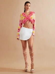 SHEIN BAE 滿身花卉荷葉邊荷葉袖短款上衣 - 彩色 - 查看 4