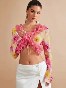 SHEIN BAE 滿身花卉荷葉邊荷葉袖短款上衣 - 彩色 - 查看 5