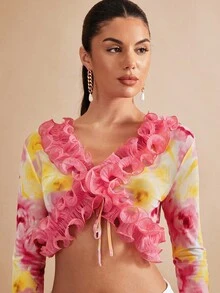 SHEIN BAE 滿身花卉荷葉邊荷葉袖短款上衣 - 彩色 - 查看 6