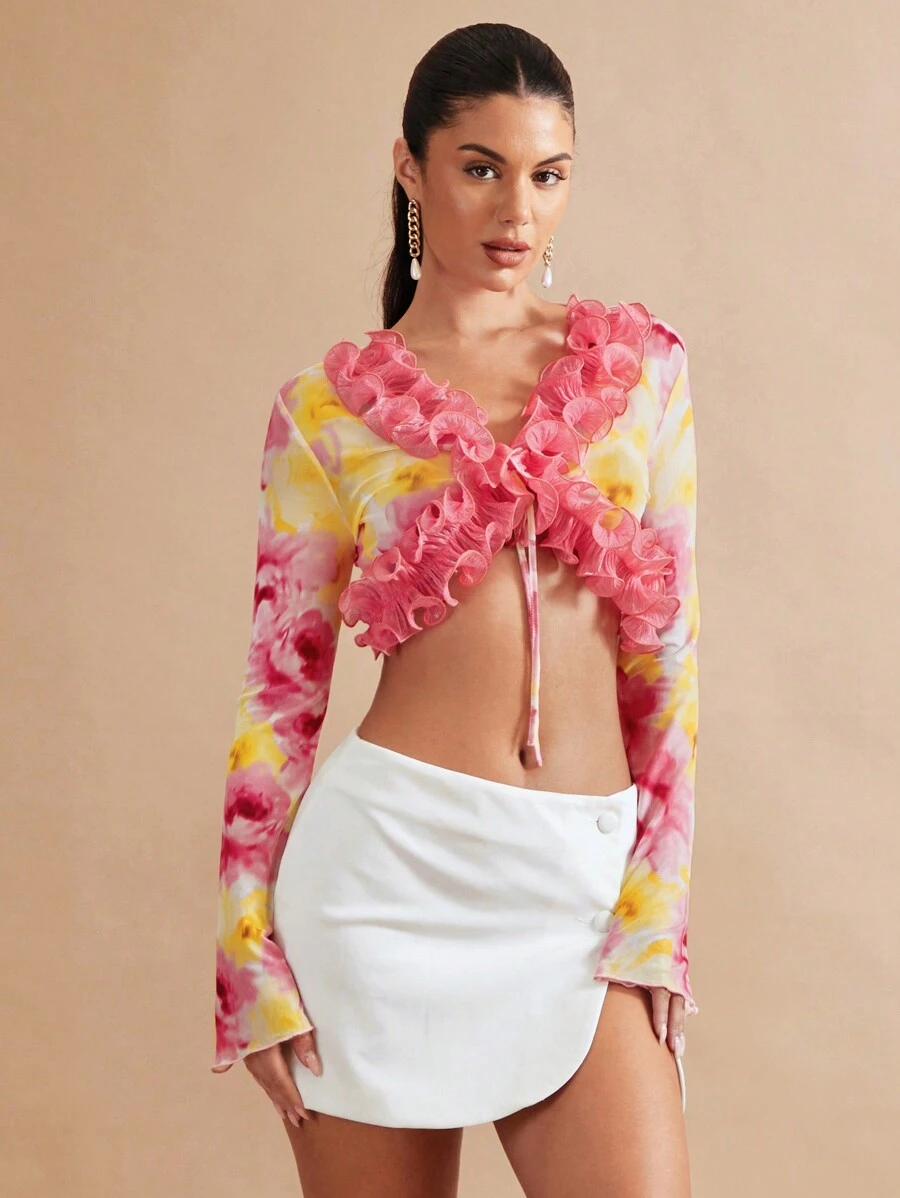 SHEIN BAE 滿身花卉荷葉邊荷葉袖短款上衣 - 彩色 - 查看 1