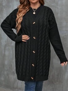 EMERY ROSE 大码女式加厚宽松休闲中长袖针织开衫，纽扣闭合，双口袋，抽绳设计，纹理针织，百搭日常毛衣外套，黑色 - 黑色 - 查看 4