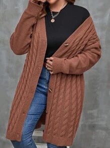 SHEIN Franclia Plus Cable Knit Drop Shoulder Cardigan - Brown - View 2