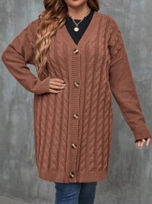 SHEIN Franclia Plus Cable Knit Drop Shoulder Cardigan - Brown - View 5