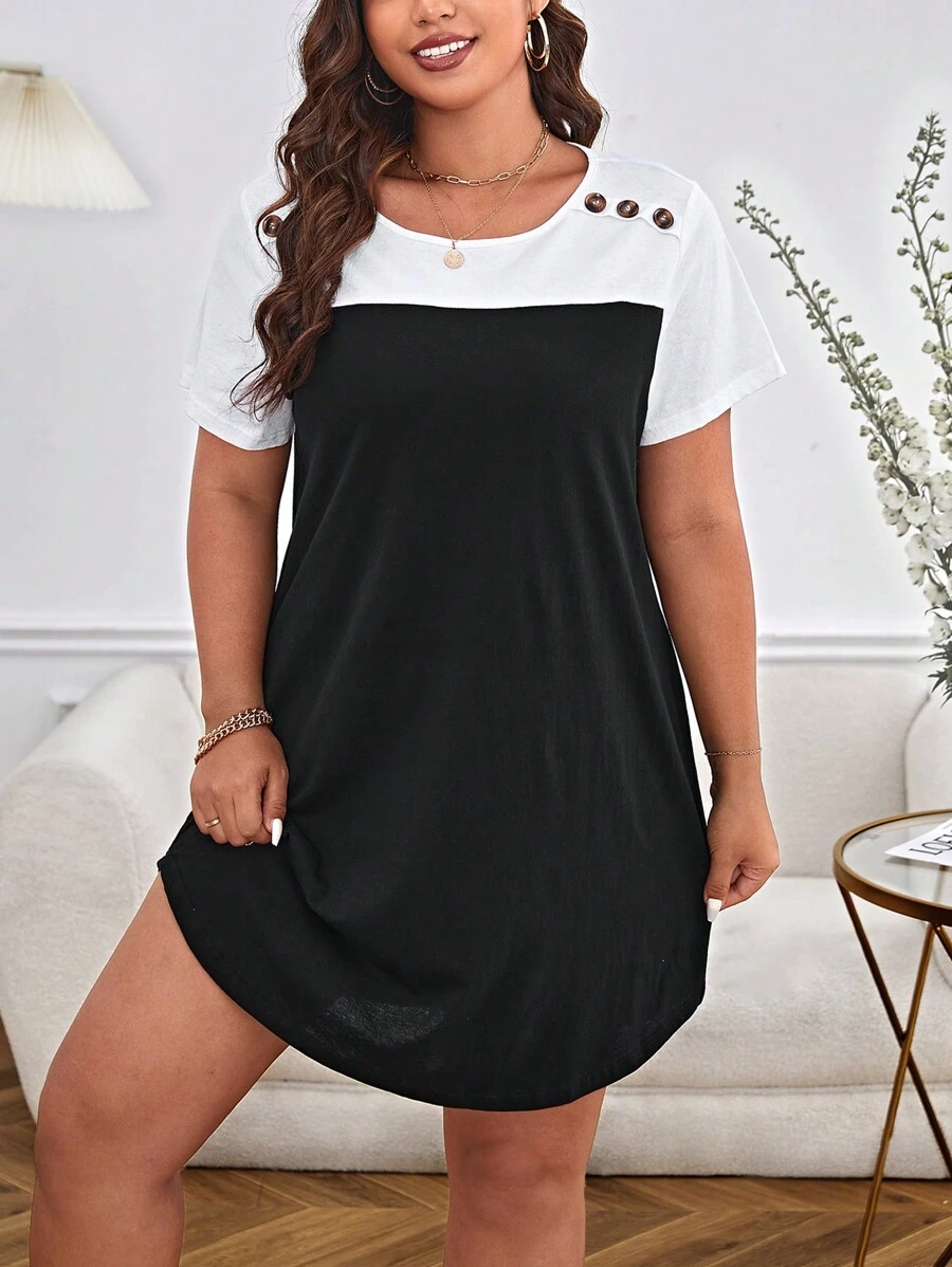 SHEIN LUNE Đầm Plus Size Nút Khối Màu Giải trí - Đen và trắng - Xem 1