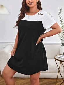 SHEIN LUNE Đầm Plus Size Nút Khối Màu Giải trí - Đen và trắng - Xem 3