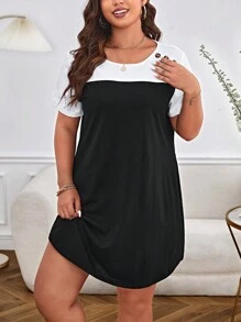 SHEIN LUNE Đầm Plus Size Nút Khối Màu Giải trí - Đen và trắng - Xem 4