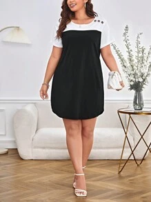 SHEIN LUNE Đầm Plus Size Nút Khối Màu Giải trí - Đen và trắng - Xem 5