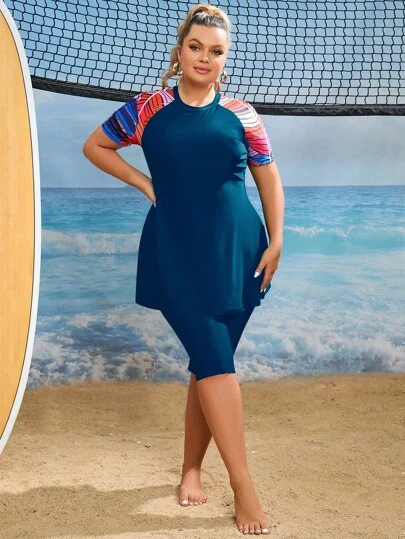 Swim SPRTY Summer Beach Plus Tropical Print High Neck Burkini Swimsuit With Short Sleeve