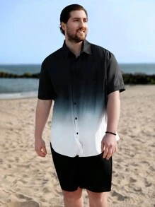 Manfinity Homme Men Plus Loose Fit Ombre Print Shirt & Shorts - Black and White - View 1