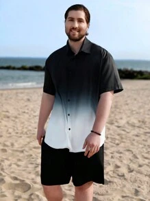 Manfinity Homme Men Plus Loose Fit Ombre Print Shirt & Shorts - Black and White - View 5