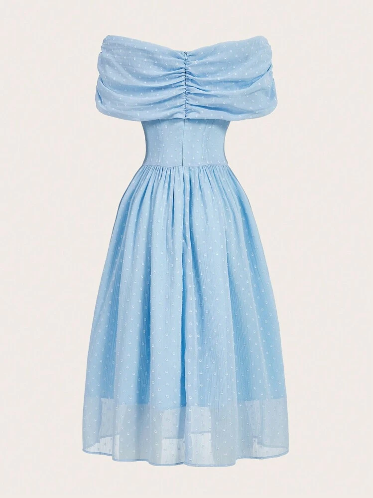 SHEIN MOD Off Shoulder Ruched Detail Swiss Dot Dress - Blue - View 2