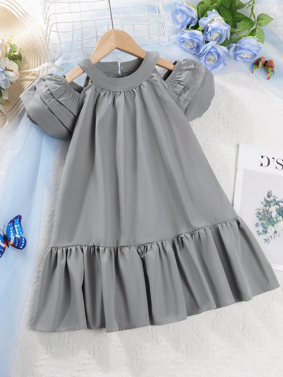 SHEIN Đầm bé gái Viên lá sen màu trơn Dễ thương - Xám - Xem 1