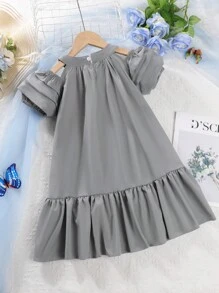 SHEIN Đầm bé gái Viên lá sen màu trơn Dễ thương - Xám - Xem 2
