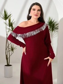 Modelyn Váy tua rua cổ bất đối xứng màu đỏ tía - Màu Đỏ Sâu - Xem 5
