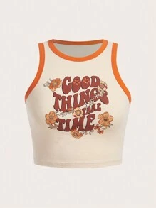 SHEIN EZwear 標語圖案撞色滾邊短款背心 - 杏色 - 查看 1